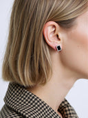 Sterling Silver Black Stone Stud Earrings with Cubic Zirconia Halo