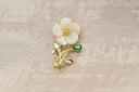 Mother of Pearl Flower Brooch with Emerald & Gold Accents