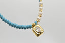 Aquamarine & Pearl Beaded Necklace with Square Charm
